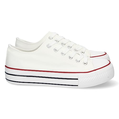 shoes&blues.es 74892-Zapatilla Plana para Mujer, de Doble Suela, Comoda, con Material de Lona, Estilo Bamba Casual, y Cierre de Cordones. Talla 38 Blanco