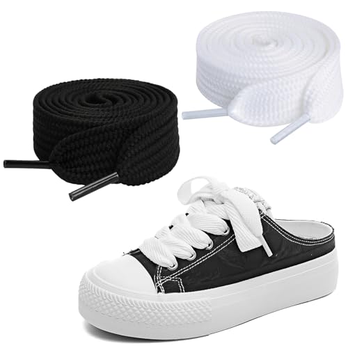 2 Pares Cordones de Zapatillas de Deporte 20mm de Ancho, 120 CM Cordones de Zapatillas de Deporte, Cordones planos para Zapatillas de Converse Air Force Deporte y Baloncesto Bambas - Blanco + Negro