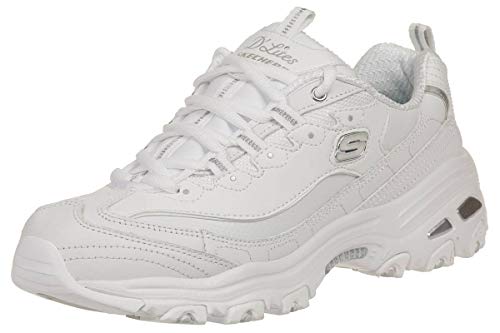 Skechers D'LITES FRESH START, Sneaker Mujer, White Leather/Mesh/Silver Trim, 40 EU