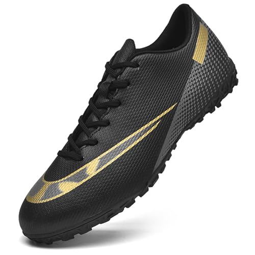 Topwolve Zapatillas de Fútbol Hombre Profesionales Calzado de Fútbol Aire Libre Atletismo Entrenamiento Botas de Fútbol Zapatos de Deporte,Negro Dorado,40 EU