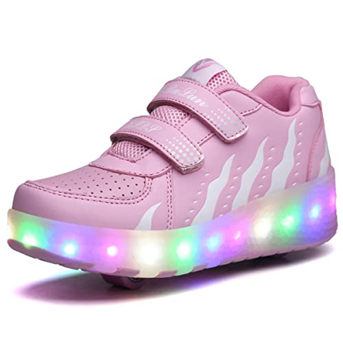 Husk'sWare Zapatos infantiles para niños y niñas, con ruedas, 2 en 1, patines brillantes, zapatillas de skateboarding, zapatillas,028 Rosa,33 EU,L-FBA-BZX028-626