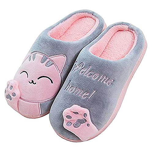 NIBESSER Zapatillas Casa Mujer Hombre Antideslizantes Invierno Pantuflas Peluche Gato Zapatillas de Estar por Casa de Felpa Cálido Suave Pantuflas Animales Divertidas, Gris Rosa, 38/39 EU