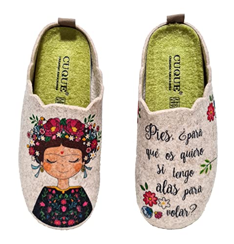 Hecho en España Zapatillas casa mujer fieltro Frida cómodas frase bonita - Nuevo Modelo 2023 (38)